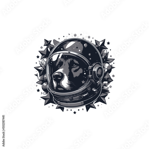 Dog in astronaut helmet surrounded by stars and planets