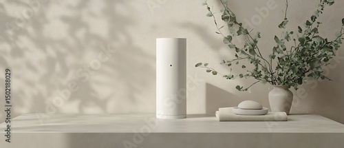 White diffuser, minimalist decor, plant, calm