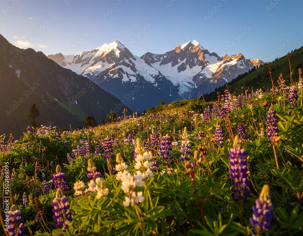 Fototapeta premium Lupine flowers bloom in a mountain meadow at sunset in summertime