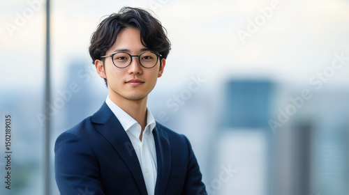 successful young executive in suit, confidently posed with city backdrop.
