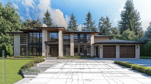 Sophisticated modern house design with landscaping and architectural plans