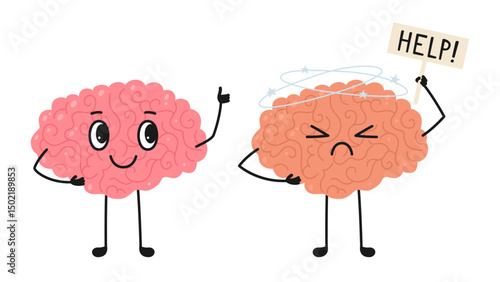 Two brains mascot healthy and unhealthy cartoon childish illustration. Happy brain giving thumbs up or sad sick character. Check health brain mental organ. Vector medical comic poster
