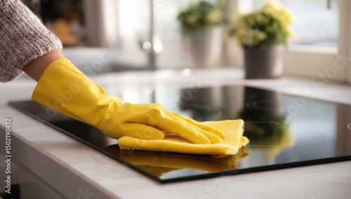 Wallpaper Mural Cleaning stovetop with yellow cloth and glove Torontodigital.ca