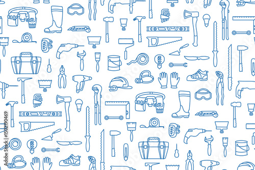 Building tools construction equipment simple seamless pattern. Repair finishing works. House construction industry trendy boundless background. Endless line design paper print fabric wrapper template