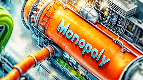 Monopoly concept visualized on an orange industrial pipe amidst a futuristic technological setting.