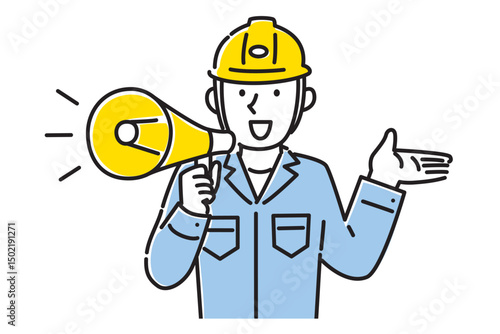 拡声器を使って説明する男性作業員イラスト