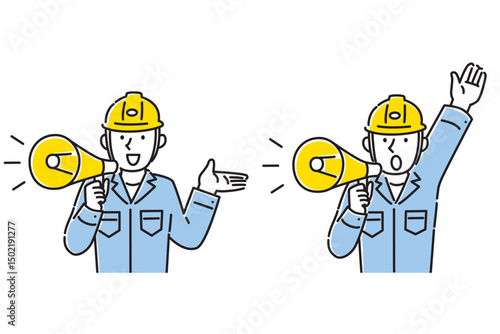 拡声器を使って説明する男性作業員イラストのセット