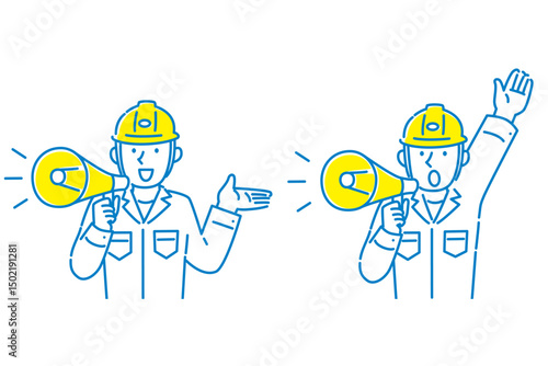 拡声器を使って説明する男性作業員イラストのセット