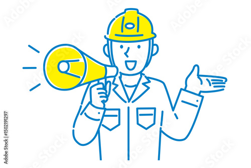 拡声器を使って説明する男性作業員イラスト