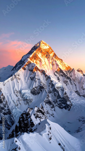 Mount everest peak covered in snow during golden hour sunrise