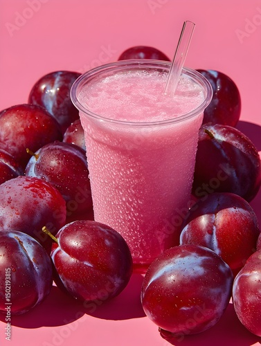 Wallpaper Mural A refreshing pink plum smoothie in a clear plastic cup sits amongst ripe juicy plums on a pink background. Torontodigital.ca