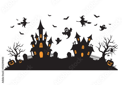 Spooky Halloween Silhouette Haunted Houses, Witches, Ghosts, and Bats Illustration