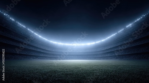 3D rendering of an American football stadium with a grass field and lights inside the stands.