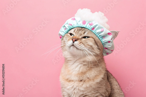 Cat is wearing a cute shower cap and Relaxed Expression	  for pet care service, grooming