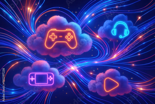 cloud gaming and streaming concept. Colorful cloud icons depicting gaming and multimedia concepts.