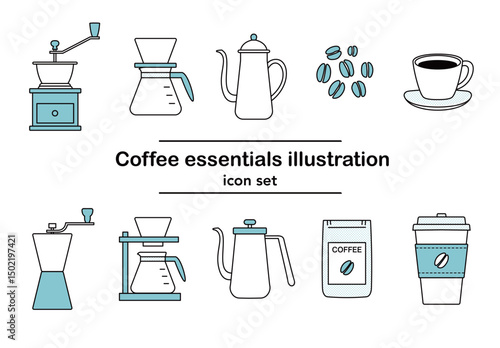 コーヒー器具とコーヒー豆の線画イラストセット｜コーヒーミル ドリッパー カップ ポット 豆（カラー）