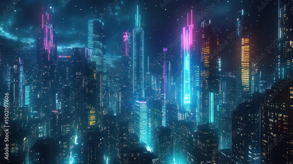 Fototapeta premium Futuristic metropolis illuminated by vibrant neon lights, night cityscape