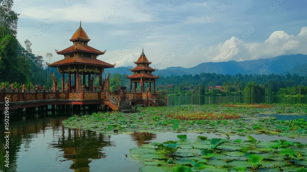 Obraz premium A tranquil view of a beautiful lake with pagodas in the middle and lush scenery