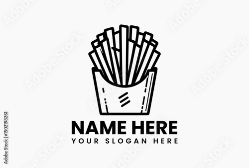 Simple black outline of French fries in paper container with subtle shading vector logo. Snack food emblem  