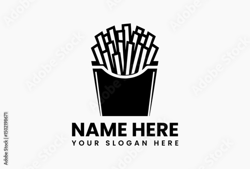 Simple black outline of French fries in paper container with subtle shading vector logo. Snack food emblem  