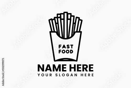 Simple black outline of French fries in paper container with subtle shading vector logo. Snack food emblem  