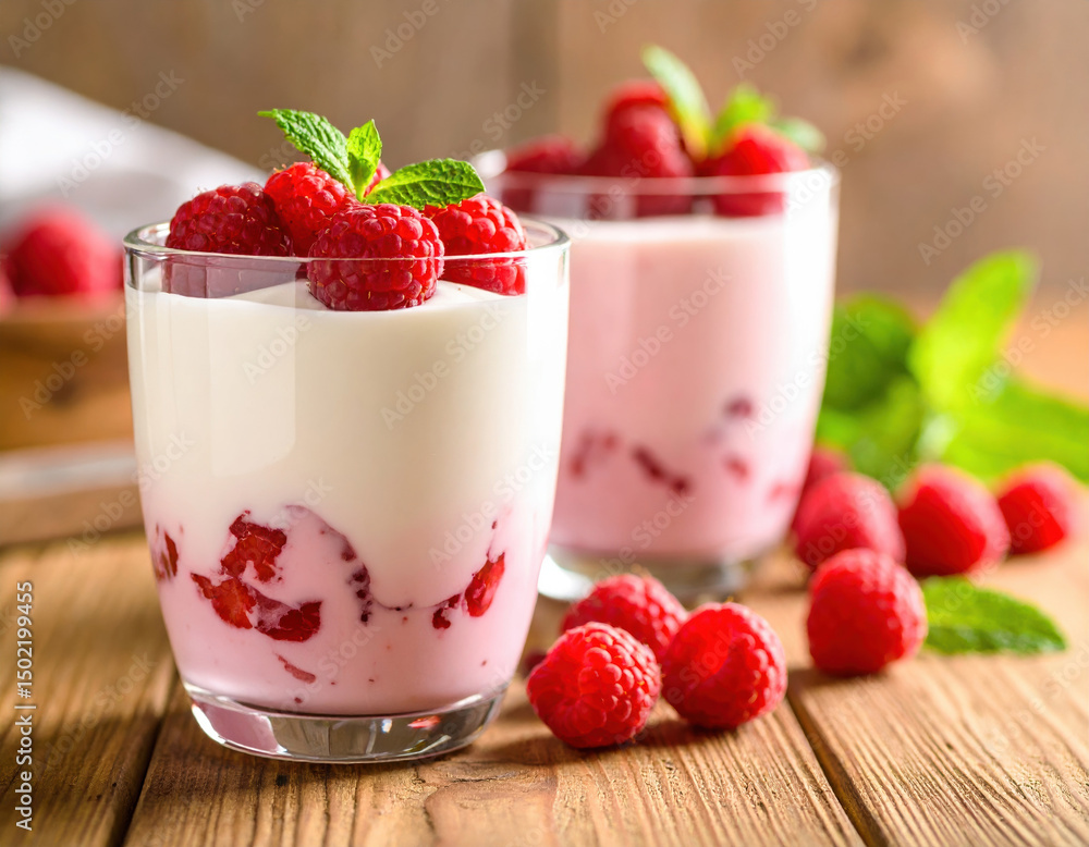 Delightful raspberry yogurt parfait showcases layers of creamy yogurt and fresh raspberries, garnished with mint leaves, perfect for refreshing summer treat Delightful raspberry yogurt parfait showcases layers of creamy yogurt and fresh raspberries, garnished with mint leaves, perfect for refreshing summer treat