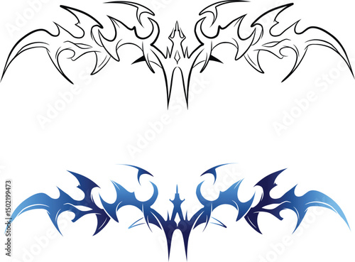 Abstract silhouette, neo tribal line art and  blue color, Neo tribal vector wings, y2k aesthetic tattoo,  web goth decoration, border, Isolated Y2K graphic elements, Editable stock