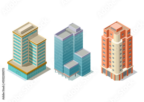 Set of isometric modern building for map or game asset