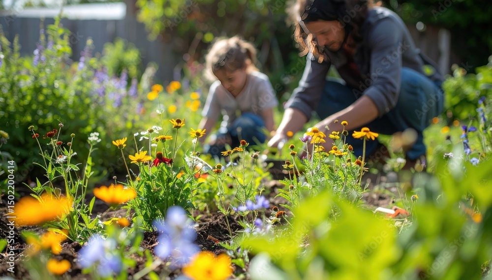 Fototapeta premium Parent & child tending vibrant flower garden, outdoors on a sunny day