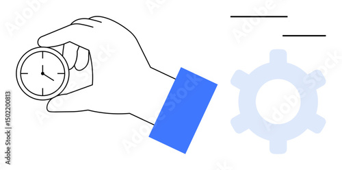 Hand grasping clock beside a gear, representing time efficiency, productivity, task management, and optimization. Ideal for deadlines, strategy, workflow, teamwork success flat simple metaphor
