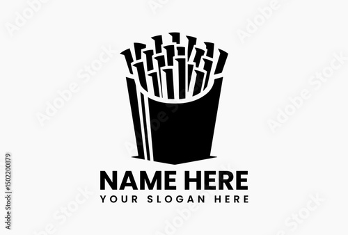 Minimalist black silhouette of crispy French fries in container with soft shadow vector logo. Fast food concept  