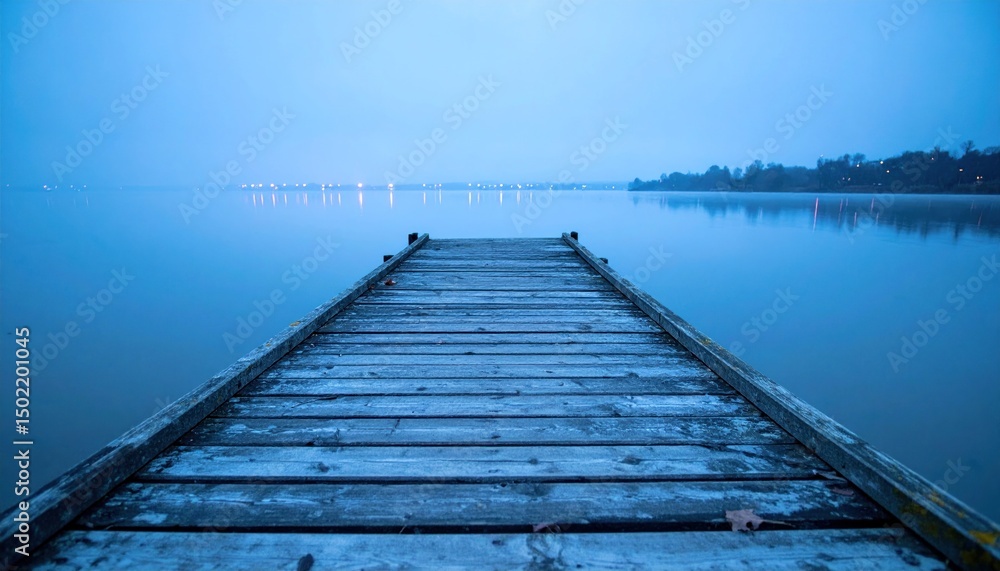 Fototapeta premium Dock extends into tranquil water on a foggy, blue-toned dawn, stillness prevails
