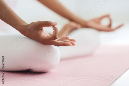 A close-up of a woman in lotus pose on a pink yoga mat in studio