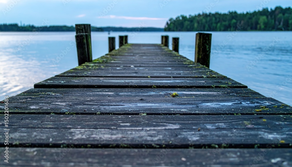 Fototapeta premium Wooden dock extends into calm lake under cloudy sky