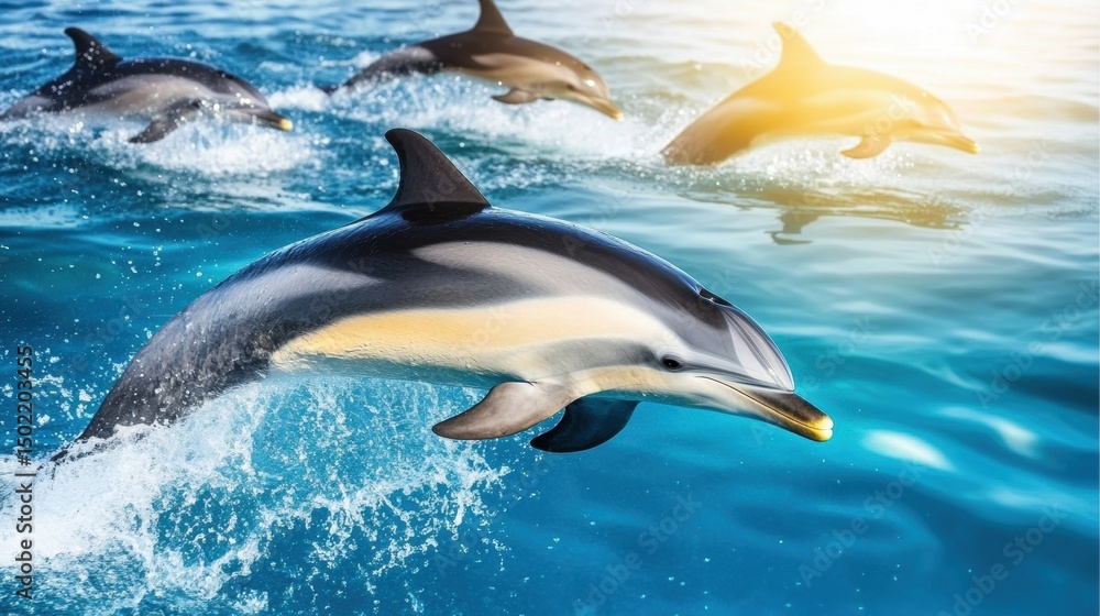 Fototapeta premium Dolphin leaping out of ocean water with sunlight shining on it