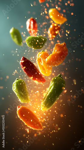 Flying Red Chili Peppers with Fiery Particles in Motion food photography