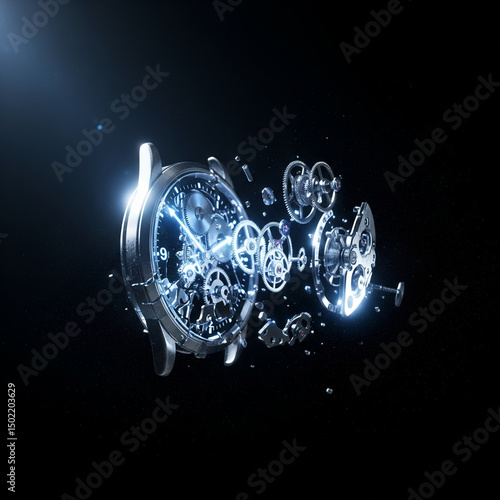metallic watch parts exploding and dispersing against a dark background