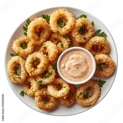 Crispy fried calamari rings with creamy sauce isolated on transparent background