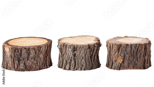 Three rustic, cylindrical wood slices, varying slightly in size and bark texture, arranged horizontally on a black background