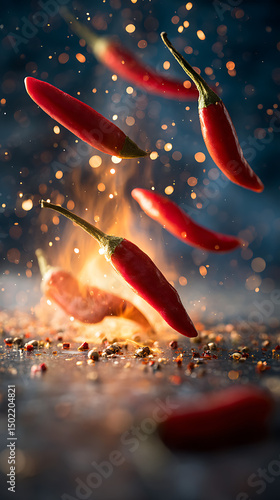Flying Red Chili Peppers with Fiery Particles in Motion food photography