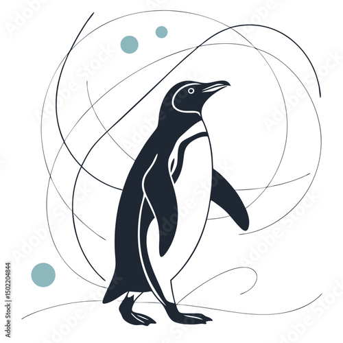 Elegant Penguin Icon: A minimalistic illustration showcasing the graceful form of a penguin in motion, with clean lines and a touch of abstract elements. Evoking the cold and arctic wildlife.
