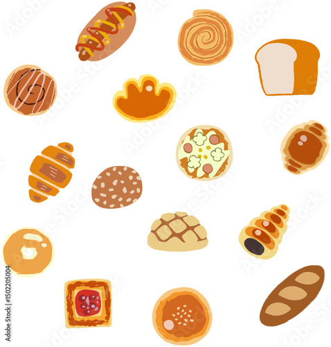 シンプルな手描きのパンのイラストセット