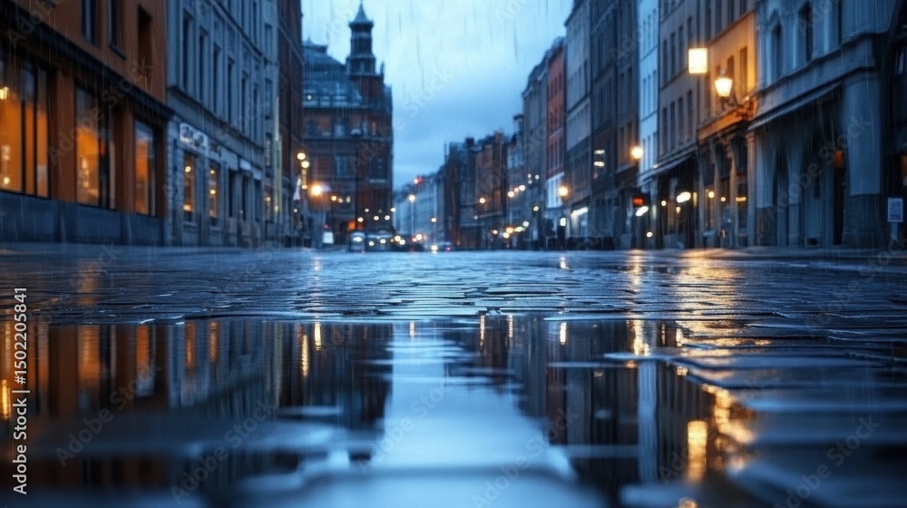 Fototapeta premium A rainy day in the city with a reflection on wet street. The scene captures the essence of urban life with a moody atmosphere