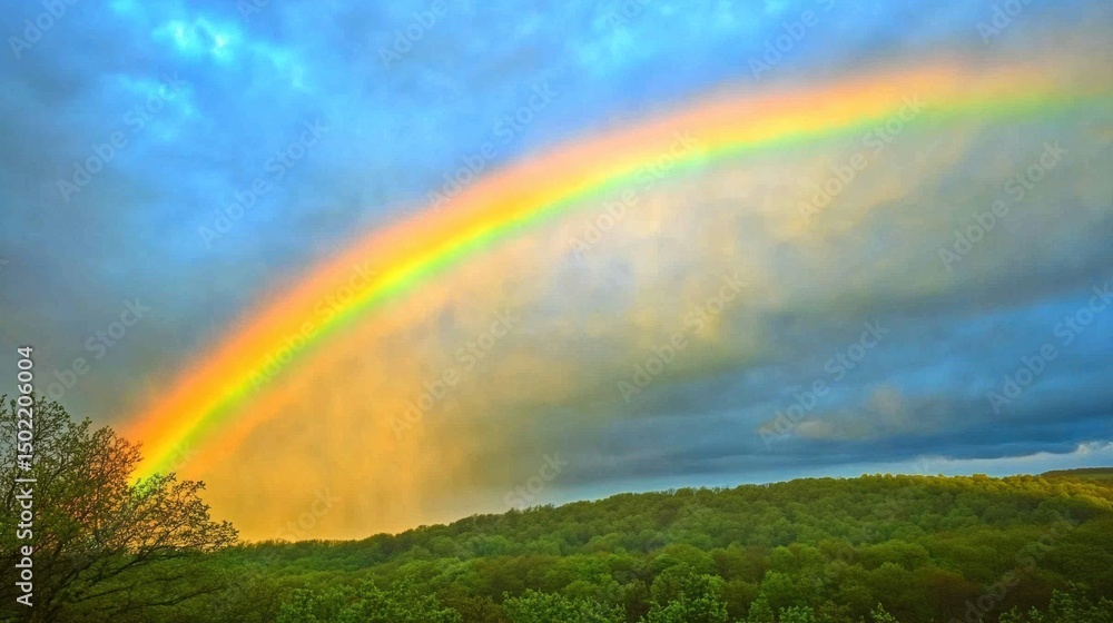 Obraz premium A vibrant rainbow arcs across the sky, illuminating a lush green landscape below