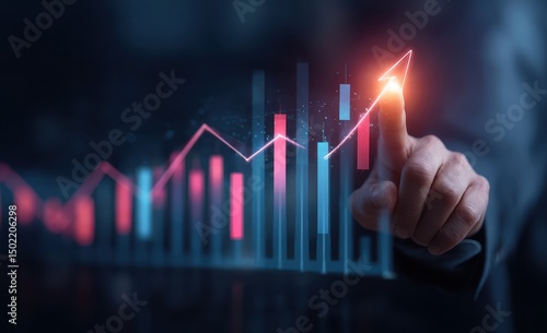 A hand interacts with a holographic bar graph showing upward trending growth, symbolized by a glowing arrow