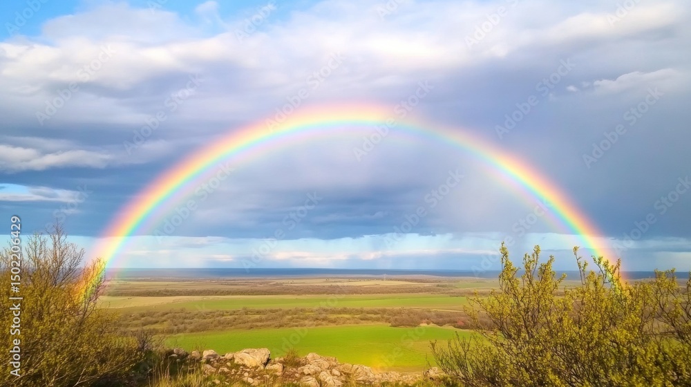 Naklejka premium A vibrant rainbow arcs across the sky over a picturesque landscape. A stunning display of color against a cloudy backdrop, creating a sense of wonder and hope