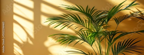 Sunlight on palm plant, yellow wall. Home decor