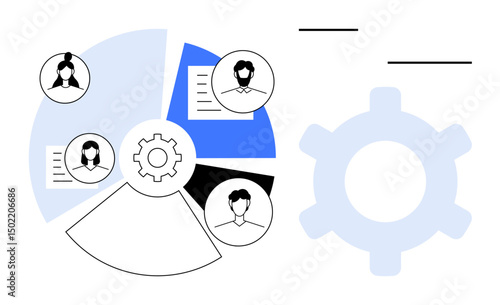 Circular chart displays team profiles with documents assigned to sections and gear symbolizes productivity. Ideal for teamwork, organization, optimization, planning, task management, collaboration