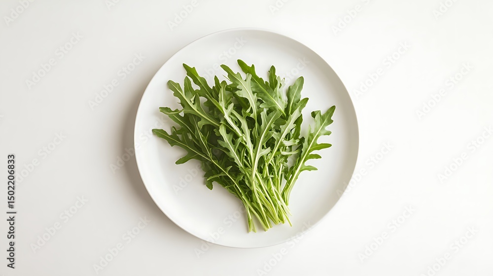 Fresh Arugula Leaves on a White Plate Fresh Arugula Leaves on a White Plate
