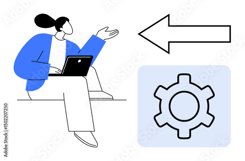 Wallpaper Mural Person sitting with a laptop gesturing at an arrow and gear icon. Ideal for teamwork, process flow, decision-making, brainstorming, workplace communication, productivity tips, and a simple landing Torontodigital.ca